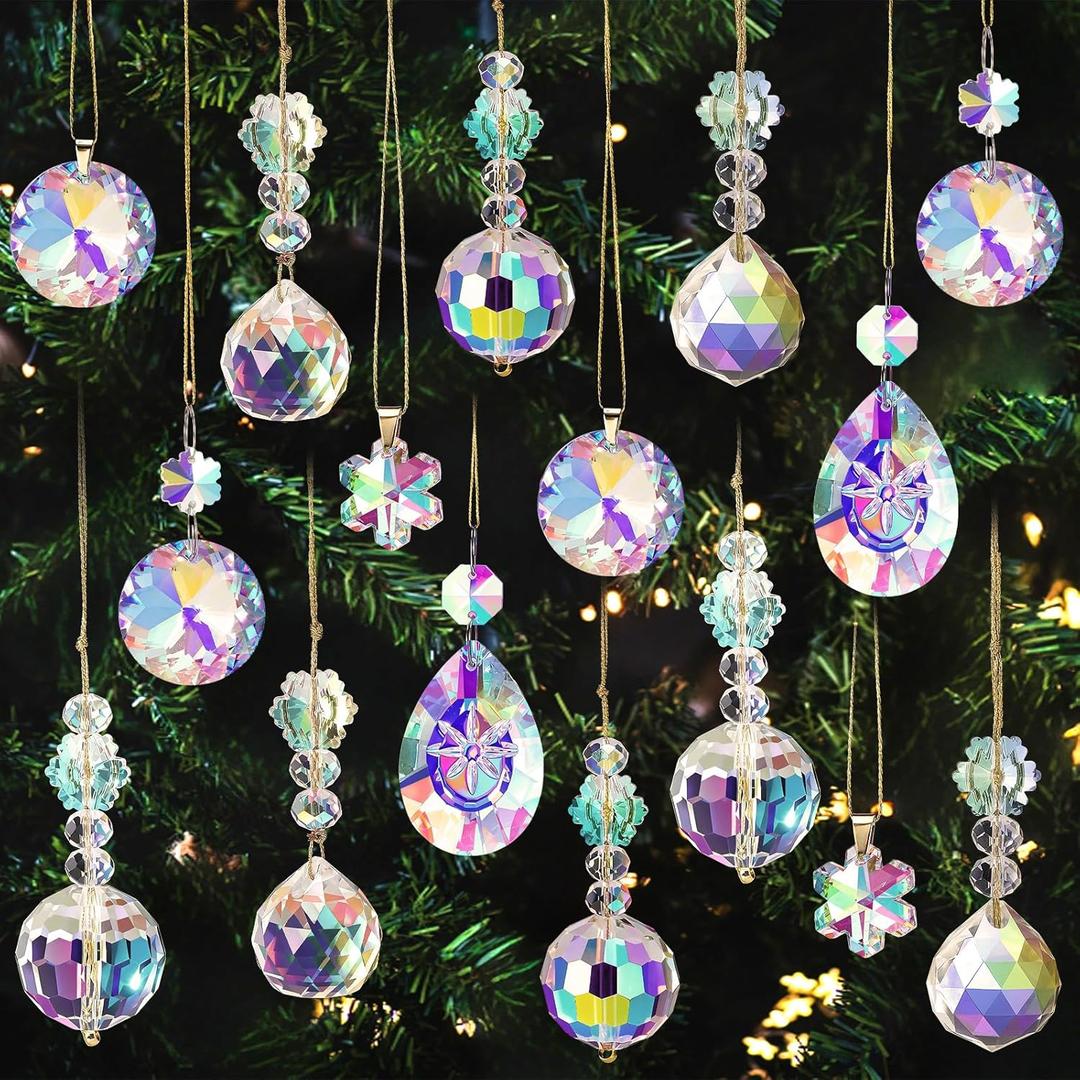 Misdary 36 Pcs Crystal Iridescent Ornaments for Christmas Tree Hanging Crystal Glass Ball Decorations Hanging Xmas Teardrop Prism Glass Ball for Xmas Party Wedding Home Decor