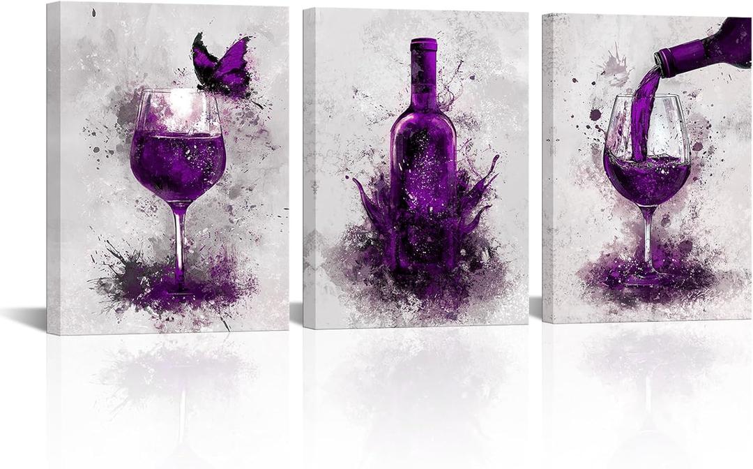 Conipit Purple Wine Wall Decor for Dining Room Wine Glass Wall Painting Purple Wall Pictures Prints Artwork Bar Restaurant Decoration 12x16inch