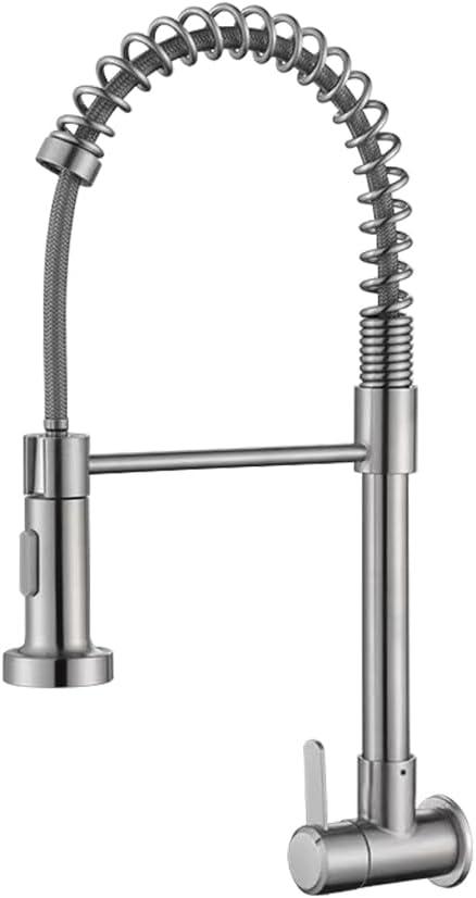 Wall Mount Kitchen Faucet with Pull Down Sprayer Single Handle High Arc Spring Kitchen Sink Faucet Brushed Nickel Stainless Steel Cold Water Only Kitchen Faucets