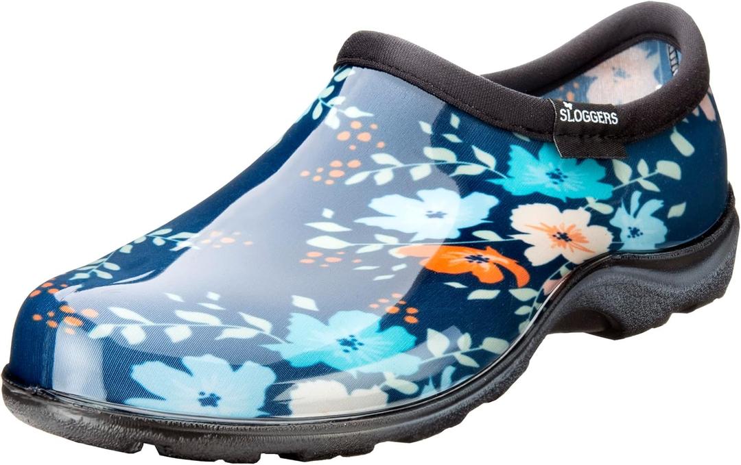 Sloggers Original Waterproof Rain and Garden Shoe for Women Outdoor Slip-On Garden Clog - Made in The USA with Premium Comfort Insole and Arch Support - Blue Floral Fun Print, Size 10