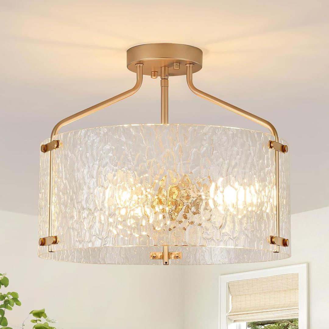 Semi Flush Mount Ceiling Light Fixture Glass Drum Chandelier Entryway Light Fixture 16''Gold Flush Mount Ceiling Lights 3-Light Foyer Lighting fixtures for Living Room Hallway Bedroom