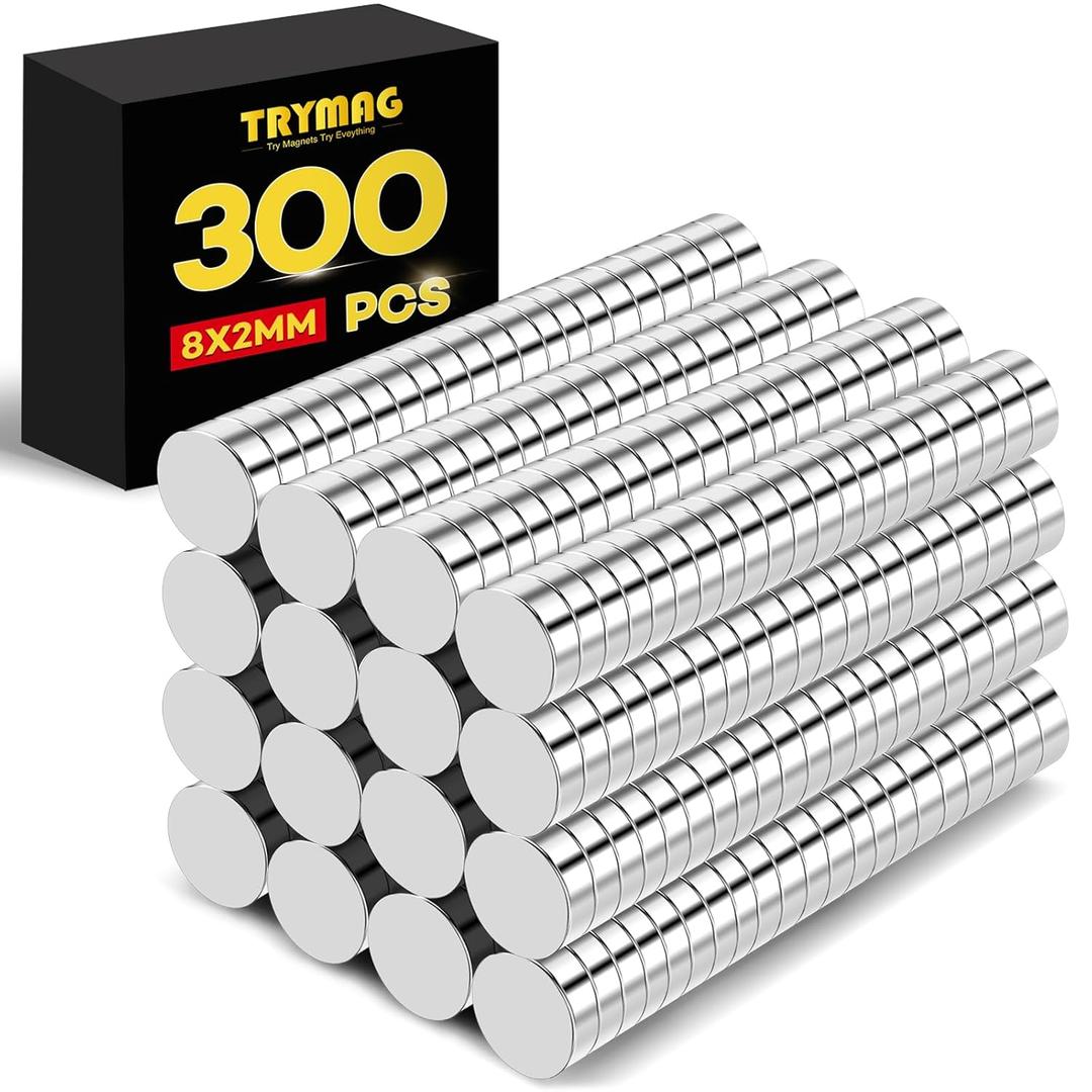 TRYMAG Small Round Magnets, 300Pcs, 8x2mm - Disc Magnets for Whiteboard, Fridge, Office, Hobbies, Crafts and Dry Erase Board (Silver)