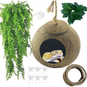 Crested Gecko Coconut Hut,Leopard Gecko Natural Coco Shell Den Reptiles Habitat Durable Hanging Cave Hideouts Plants Climbing Decoration for Amphibians and Small Animals(4 Pcs)