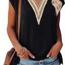 MEROKEETY Women's Boho Cap Sleeve Lace Trim V Neck Tops 2026 Summer Casual Loose Beach Vacation Tee Shirts Blouse, M, Black