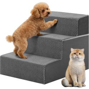 DUMOS Dog Stairs for Small and Medium Dogs, 3-Step Pet Steps with High-Density Foam, Indoor Non-Slip Pet Ramp for Puppy and Older Dogs Cats, Dog Bed Stairs for Couch and Sofa, Grey