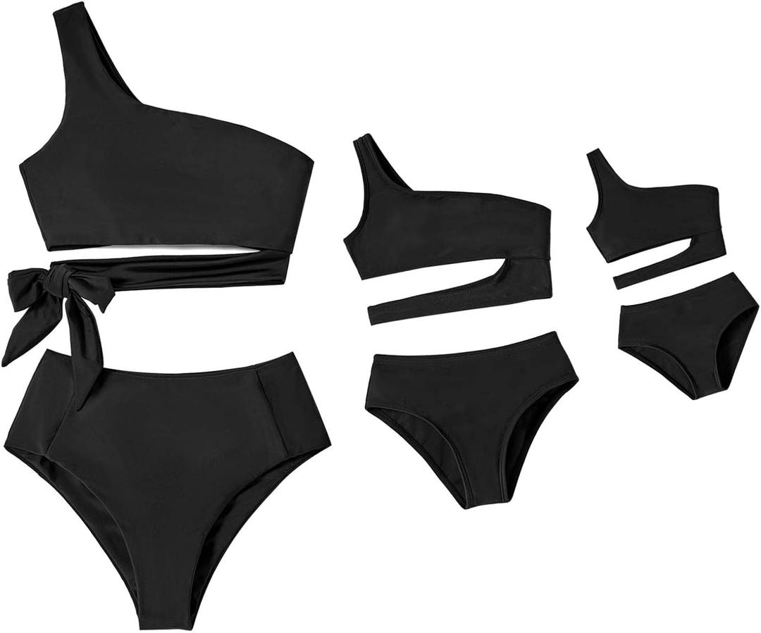 IFFEI Mommy and Me Swimsuits One Shoulder High Waisted Women Bikini Tie Cutout Two Piece Matching Outfits Swimwear (Small, Black)