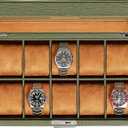 ROTHWELL 10 Slot Leather Watch Box - Luxury Case Display Jewelry Organizer - Locking Watch Display Case Holder with Large Glass Top - Box Organizer for Men and Women (Green/Tan)