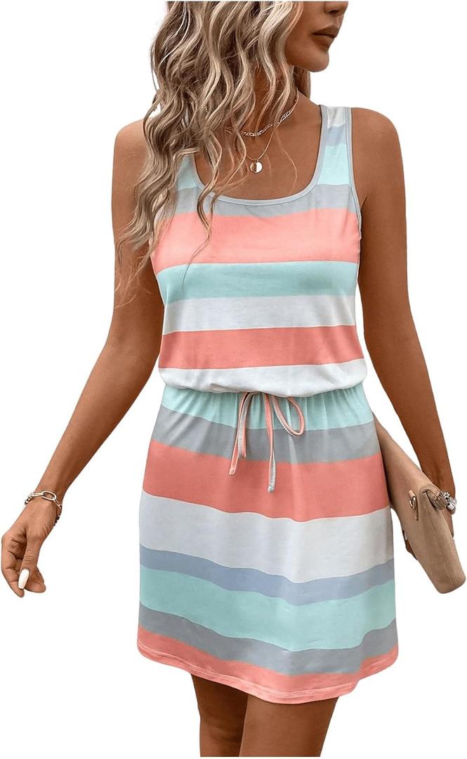 Women's Summer Dress Stripe Colorblock Sleeveless Drawstring Tank Dress Casual Short Dress Sundress (XL, Multicolor)