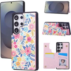 UEEBAI Wallet Case for Samsung Galaxy S25 Ultra 5G with Card Holders, PU Leather Floral Cover Kickstand RFID Blocking Double Magnetic Clasp Rilievo Flower Flip Case for Women Girls - Multi-Flower
