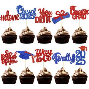 100 Pcs Graduation Cupcake Toppers Congrats Grad Class of 2025 Graduation Cupcake Picks Toppers Diploma Supplies for Party Decorations(Red, Blue)