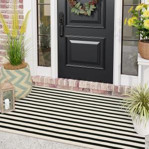LEEVAN Black and White Front Porch Rugs Outdoor Stripe 3x5 ft, Hand-Woven Front Door Mat Washable Cotton Reversible Entry Rugs Layered Doormats for Outside Entrance Patio Balcony Living Room Kitchen