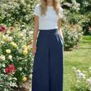 Women Linen Wide Leg Pants High Waisted Smocked Elastic Waist Palazzo Pants Lightweight Beach Travel Pants Navy Blue, Medium