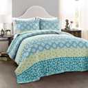 Lush Decor Bohemian Stripe Reversible Cotton Quilt Set, 3 Piece Set, Full/ Queen, Blue & Green - Striped Bedding Set - Blue Quilts Queen Size - Boho Decor