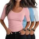 Neer 3 Pack Women's Scoop Neck Tops Half Sleeve Slim Fitted Cotton Blend Stretchy T-Shirts Tight Casual Basic Tees(Medium,Lotus Pink, Sky Blue, White)