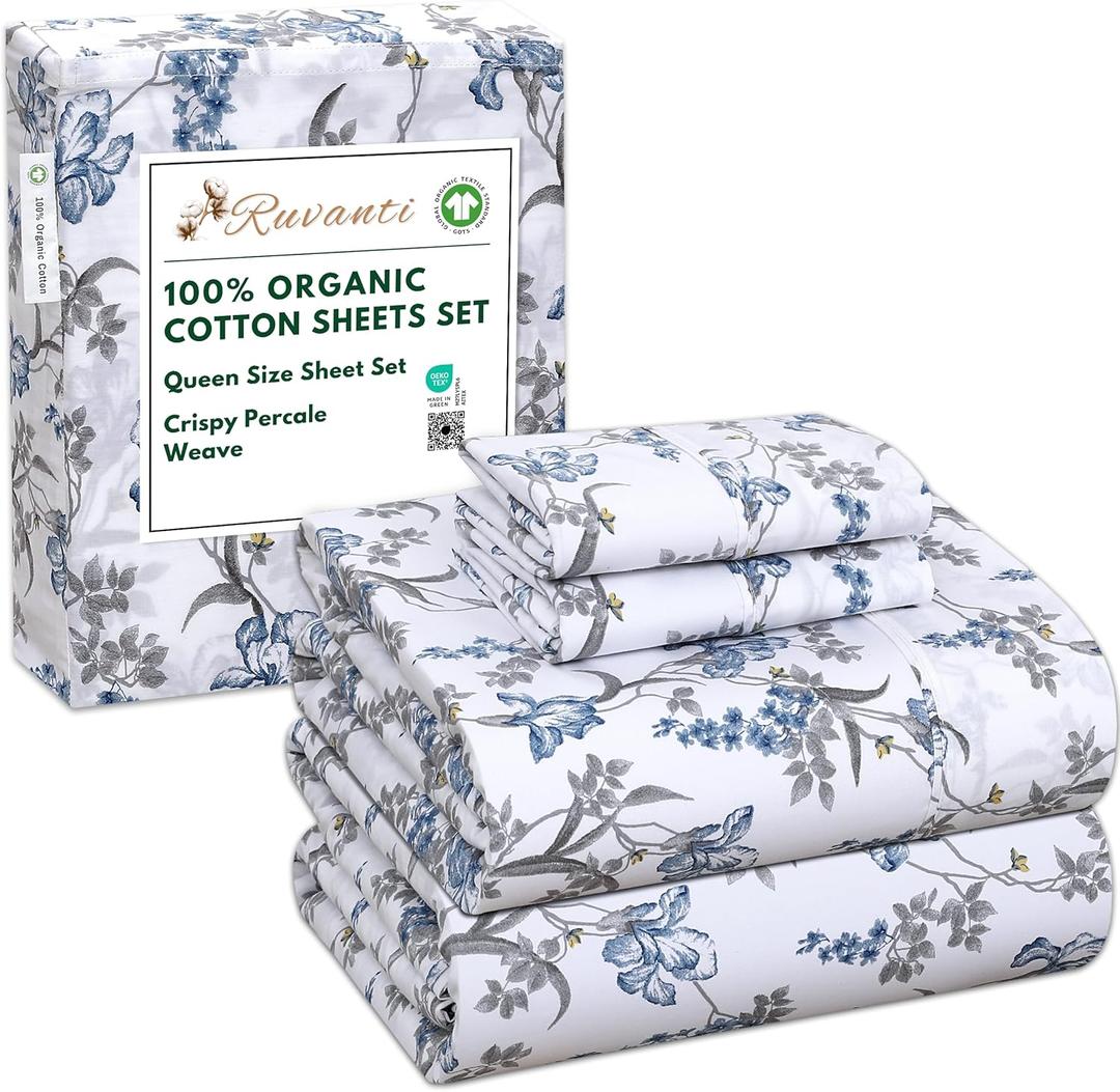 RUVANTI 100% Organic Cotton Sheets Queen Size, Percale Weave, GOTS Certified, 4-Piece Set, Deep Pocket 15", Crisp & Breathable, Soft Durable Bedding, Sbanas Algodn Orgnico  Deluxe
