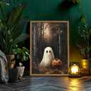 Framed Vintage Halloween Ghost Canvas Wall Art, Cute Ghost Pumpkin Wall Decor Paintings, Gothic Dark Academia Pictures Prints Spooky Fall Forest Home Decor for Living Room Bedroom 16x24 inch