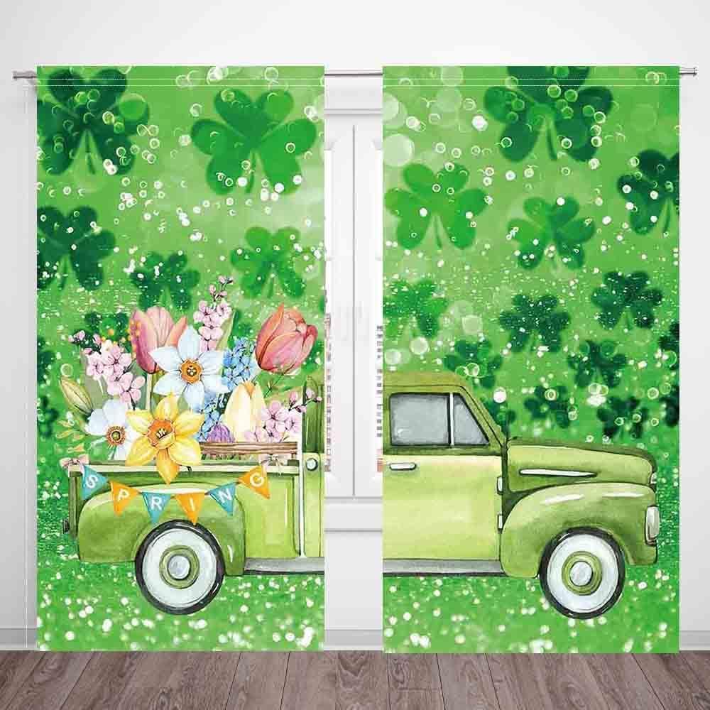 St. Patrick's Day Window Curtain Lucky Shamrock Green Truck Spring Party Glitter Botanical Curtains Living Room Bedroom Decoration Window Decorative Supplies Drapes 2 Panel