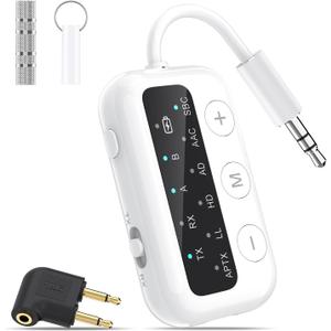 1Mii SafeFly Dot-Bluetooth 5.3 Transmitter Receiver for up 2 Headphones, AptX Low Latency/ HD, Plane Travel Essentials, Wireless Audio Bluetooth Airplane Adapter for Flight, TV, Car, PC (White)