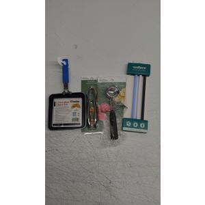 Small lot of cooking supplies, Trigger action ice cream scoop, and nut cracker from Culinary elements, 3 pack of Cold Straws, and 5.5Inch mini pan