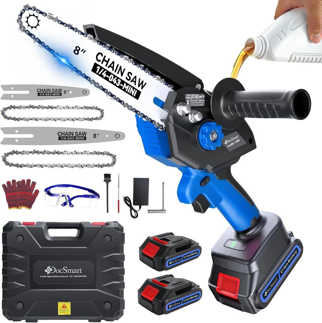 Electric Mini Chainsaw for Pruning Small Trees, Brushless 8 inch & 6 inch Portable Hand Saw with 2 Rechargeable Batteries, 1000W Handheld Chain Saw for Wood Cutting, Gardening Gifts for Mother's Day, Navy Blue