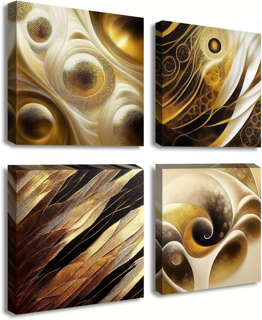 BLINFEIRU Modern Gold Abstract Canvas Wall Art Black and Gold Wall Decor for Living Room Bedroom Abstract Painting Pictures Home Office Artwork Framed Ready to Hang 12x12 Inch