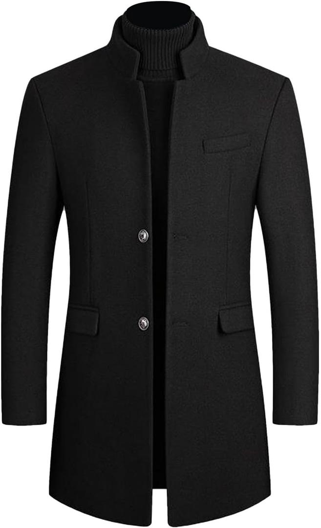Lu's Chic Men's Single Breasted Trench Coat Warm Dress Pea Coats Button Down Overcoat with Pockets Long Sleeve Outwear Wool Split Trenchcoat Black X-Small