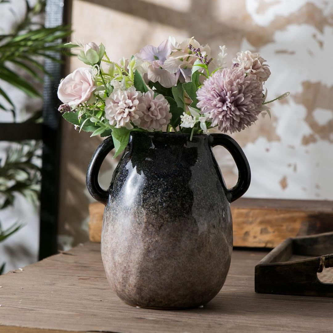 Ceramic Vase with 2 Handles, Modern Farmhouse Decorative Vase for Home, Rustic Pottery Vases, Small Terracotta Fresh Flowers Vases- Centerpieces for Dining Table, 7 Inch Blue Gradient