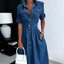 Women Denim Shirt Dress V Neck Short Sleeve Long Bottom Down A-Line Jeans Dresses with Pockets (Blue, L)