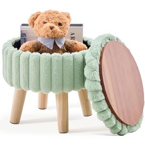 Wimarsbon Storage Ottoman,Soft Faux Fur Footstool with Padded Seat, Small Reading Vanity Chair, Footrest with Wood Tray for Couch, Mini Coffee Table or Display Stand (Light Green, Round Storage)