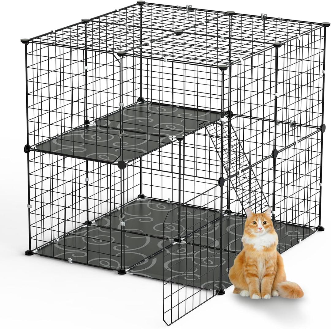2Tier Cat Cage Playpen, 28 Inch Indoor Cat Enclosures, Metal Cat Cage with 2 Doors 1 Ladders, Detachable Cat Playpen for Small Cat Rabbit, Small Pets Exercise Place, 14 LBS Max, Black