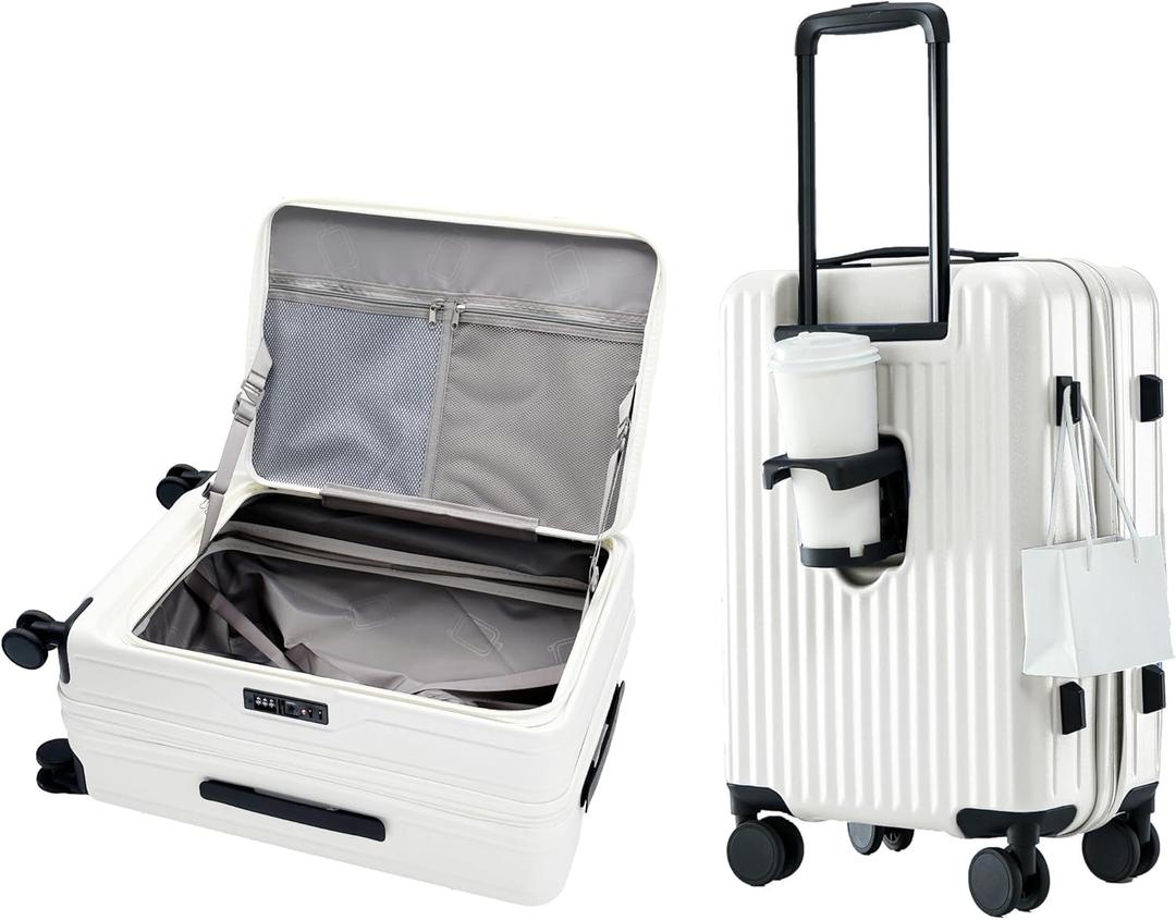 HotWay 20 Inch Expandable Carry On Luggage with Cup Holder, Hardside TSA Approved Luggage with Spinner Wheels, Top Opening Suitcase For Travel, White