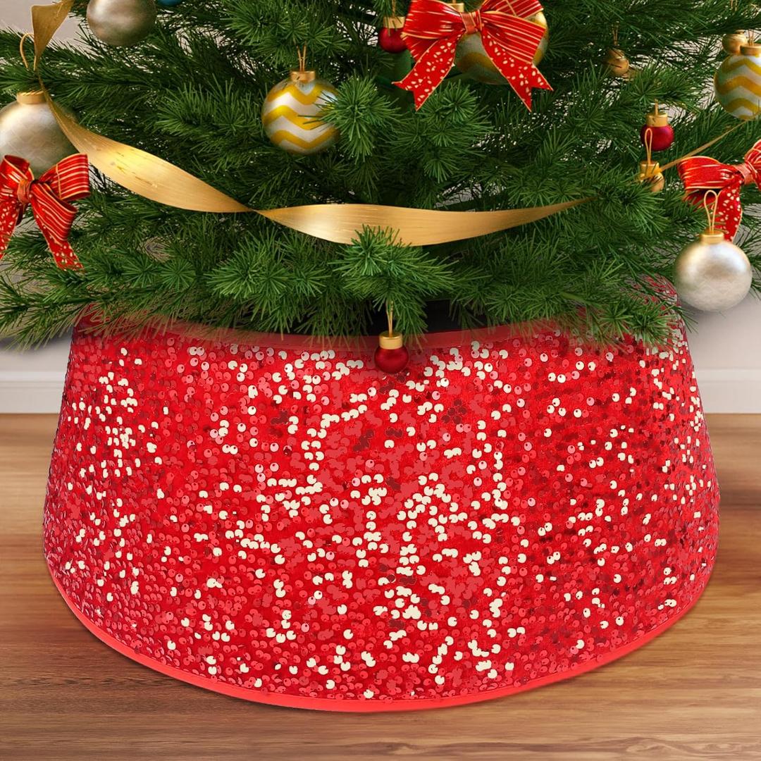Red Sequin Christmas Tree Collar - 23.6 Inch Tree Skirt and Base Cover / Box - Holiday Tree Ring, Red Red Sequin Christmas Tree Collar - 23.6 Inch Tree Skirt and Base Cover / Box - Holiday Tree Ring, Red
