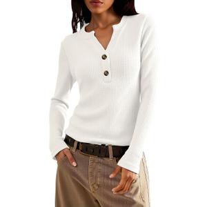 Jar of Love Women's Waffle Knit Tops Long Sleeve Shirts Henley Tops V-Neck Button Down Thermal Shirts Fall Outfits (White, S)