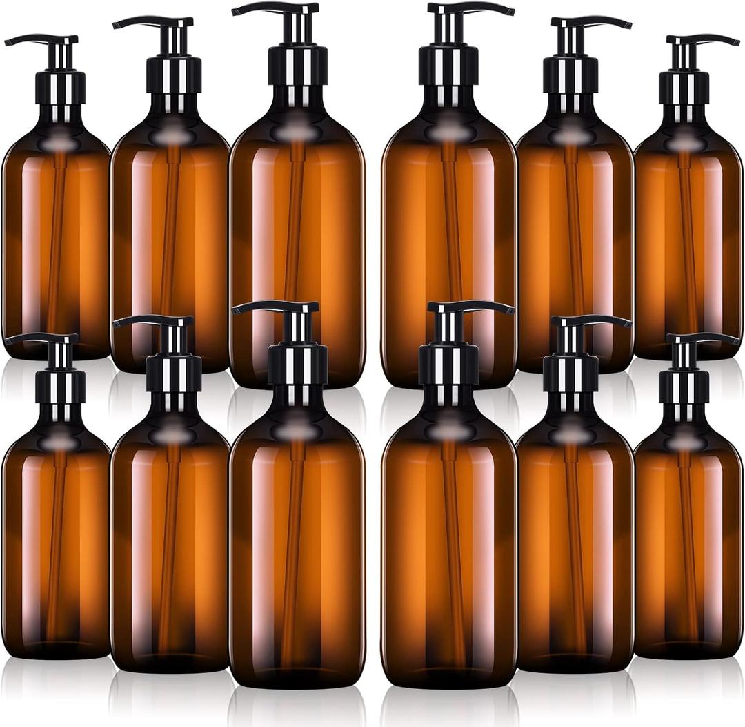 Tessco for you 12 Pack Amber Soap Dispenser Empty Plastic Pump Bottles Dispenser Refillable Shampoo for Hand Sanitizer Soap Cosmetic Lotion Body Wash Conditioner Bathroom Kitchen Travel (16.9 Oz)