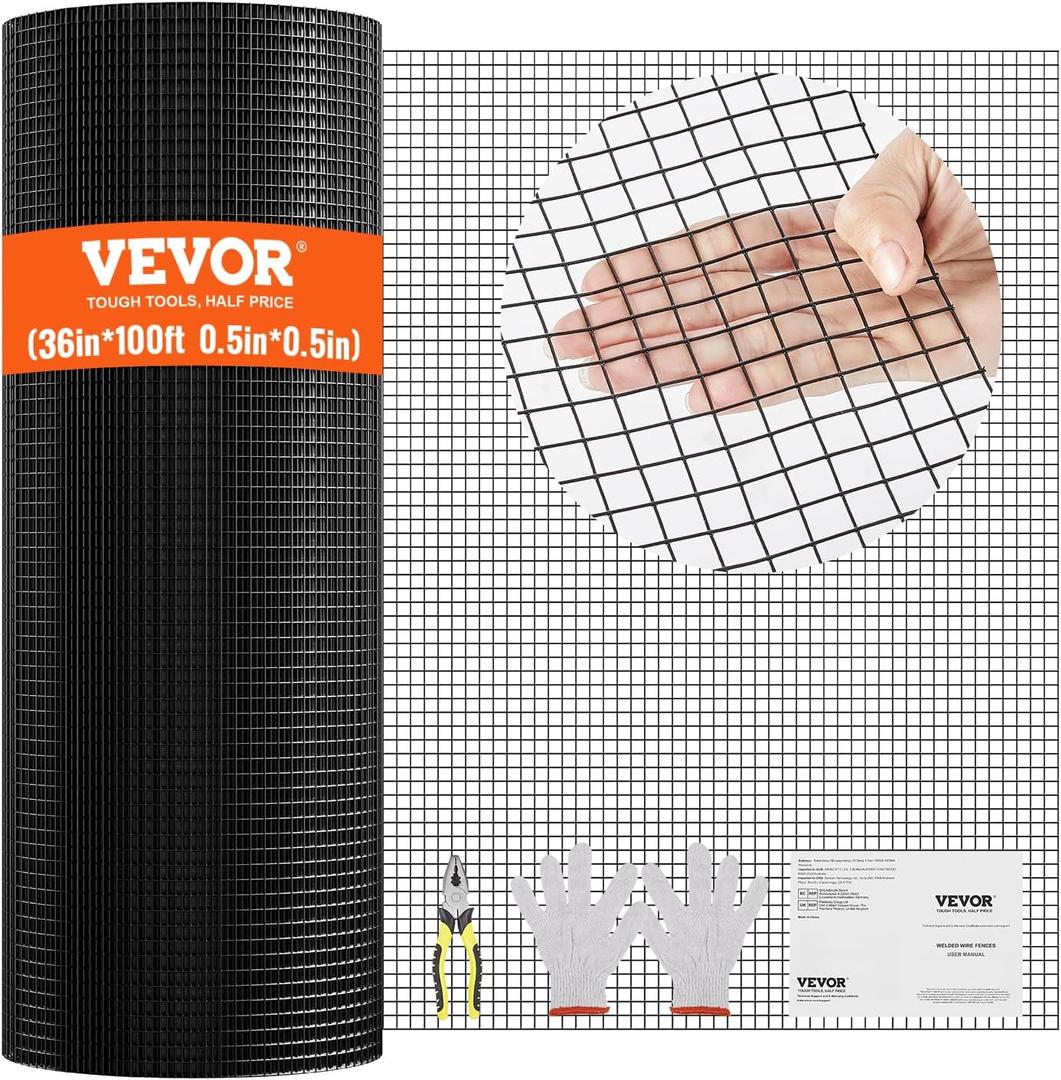 VEVOR Hardware Cloth, 36'' x 100' 1/2inch Galvanized Wire Mesh Roll, 19 Gauge Chicken Wire Fencing Roll, Vinyl Coating Metal Wire Mesh for Chicken Coop Barrier, Rabbit Snake Fences, Poultry Enclosures