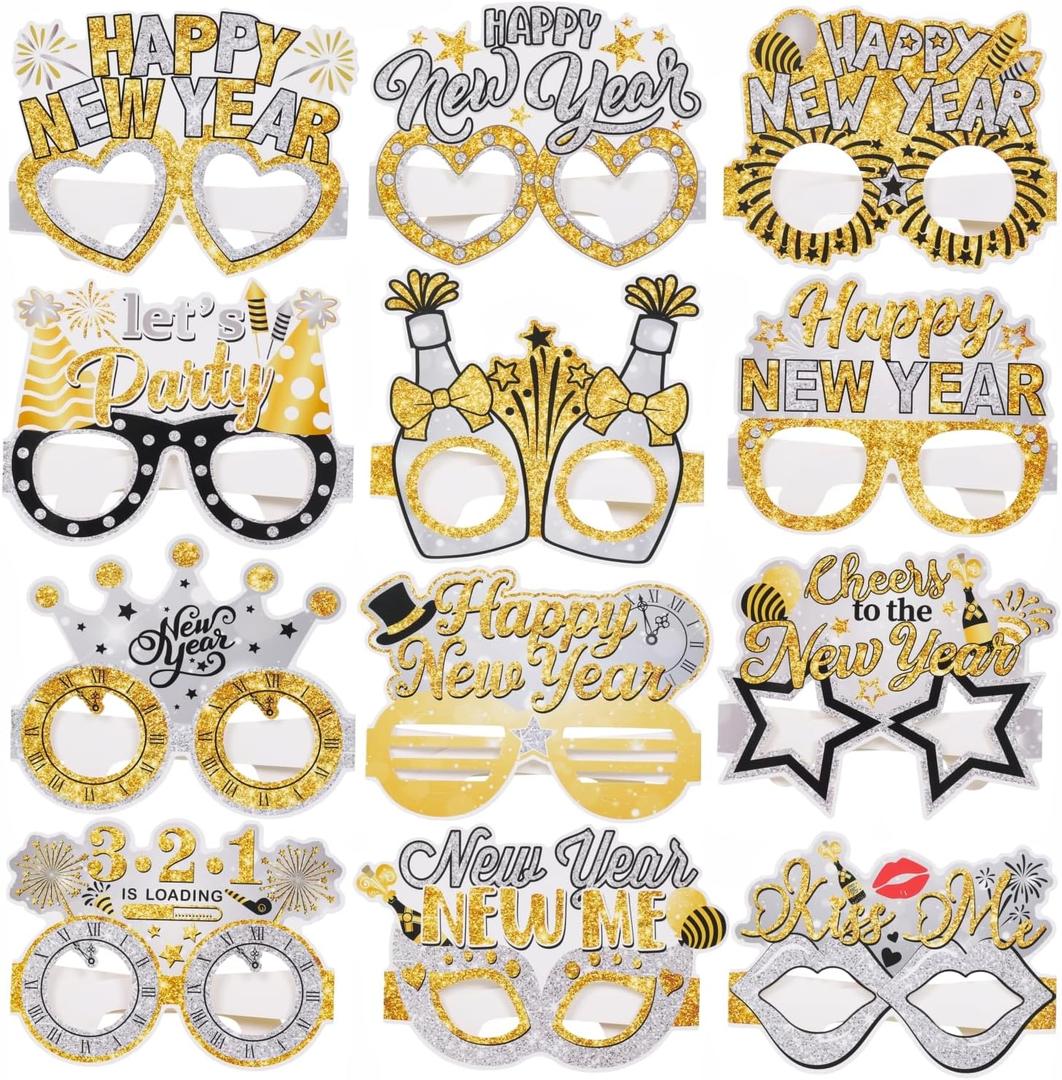 24 Pcs Happy New Year Paper Glasses 2026 Black Gold Silver Eyeglasses Photo Booth Props for 2026 New Years Eve Party Supplies Decorations