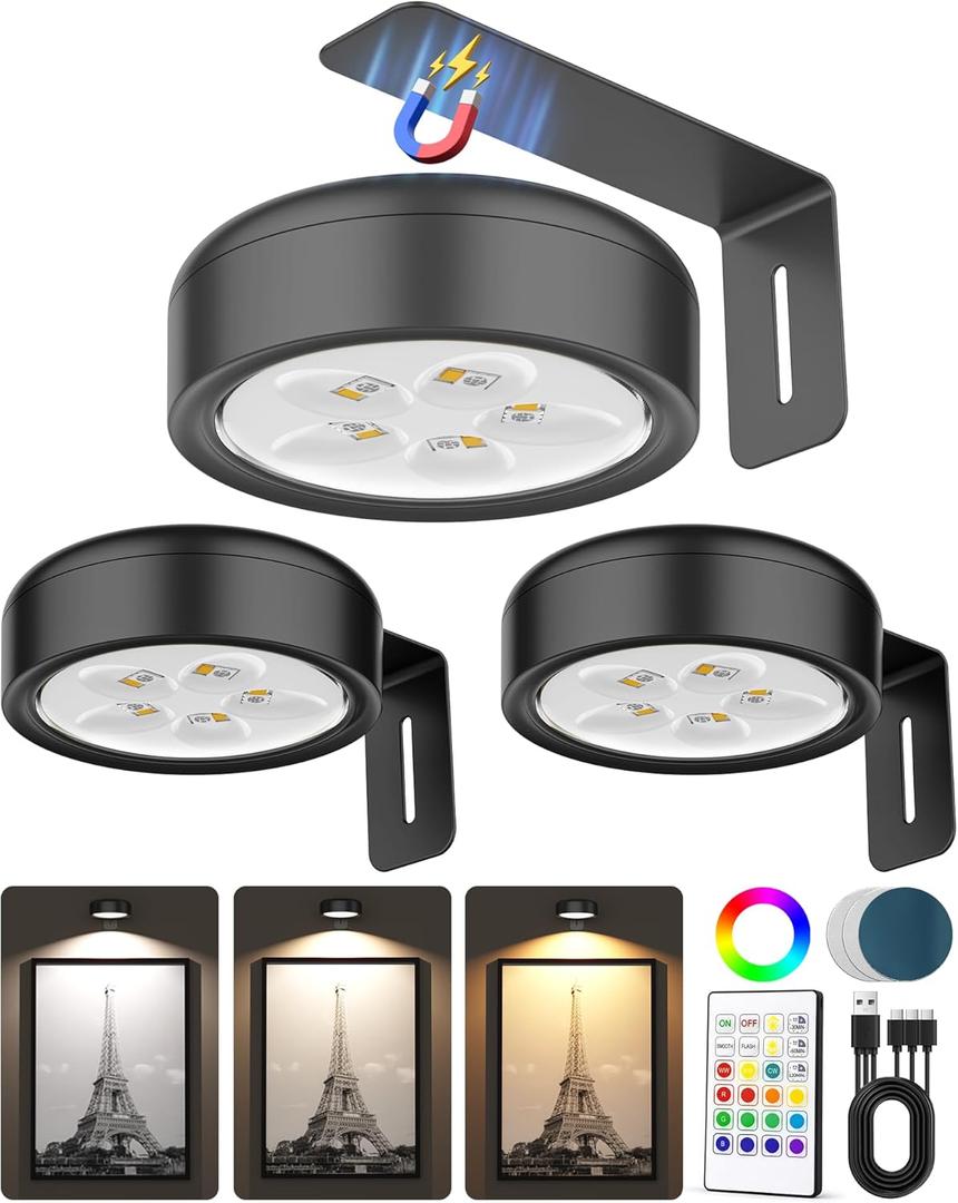 3 Pack Picture Lights for Wall,Wireless 2000mAh Rechargeable Magnetic LED Puck Lights with Remote,3 Color Temps and 12 RGB,Dimming & Timer,Art Frame Light for Painting Display,Photos,Wall Decor (Black)
