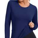 Loovoo Thermal Shirts for Women Long Sleeve Workout Tops Crewneck Fleece Base Layer Running Athletic Tee with Zipper Pocket (Blue, L)