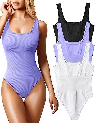 OQQ Women's 3 Piece Bodysuits Sexy Ribbed Sleeveless Square Neck Tank Tops Leotard 2025 Trendy Outfits.M