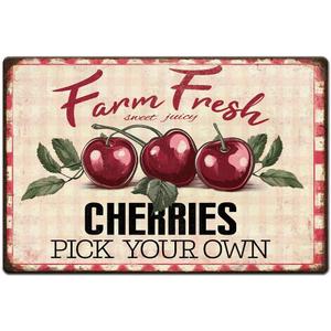 1pc Vintage Metal Tin Sign 8x12 inch Retro Iron Fruit Sign Rusty Look Farm Fresh Sweet Juicy Cherries Poster for Farmhouse Country Market Kitchen Bar Fruit Vendor Home Decor
