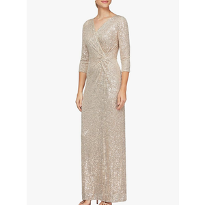 Alex Evenings Women's Long 3/4 Sleeve Formal Event Dress with Cinched Tie Waist (Petite and Regular Sizes) 16
