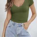 Imily Bela Womens Sexy V Neck T Shirts Summer Lace Short Sleeve Slim Fit Y2k Going Out Crop Tops (Green, XL)