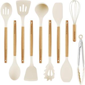 Silicone 10 Pcs Kitchen Cooking Utensils Set, Recycled Materials Certification, BPA Free Spatula Set with Heat Resistant Wood Handles for Nonstick Cookware, Cream White