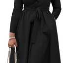 BFFBABY Fall Dresses for Women Plus Size Casual Long Sleeve V Neck A Line Midi Dresses with Belt Pockets