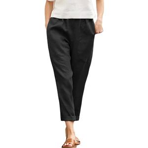Langwyqu Womens Casual Cotton Tapered Capri Cargo Pants Loose Elastic Waist Ankle Cropped Trouser with Pockets (Large, Black)