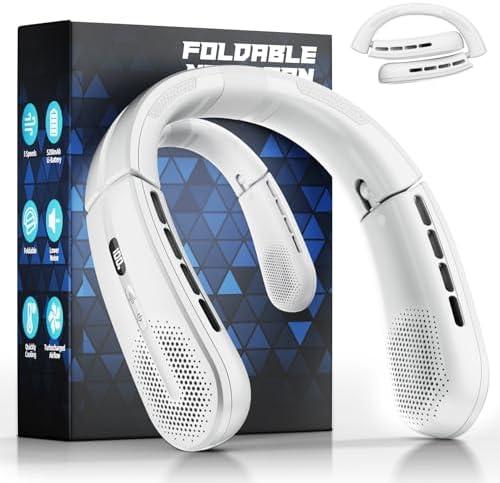 aimdty Portable Neck Fan - 8400 RPM Enlarged Turbo Airflow - 5200mAh Personal Rechargeable Cooling Wearable Fan - Max 16H, 4 Speeds, Foldable, LED Display - Great Gifts for Men Women - 2nd Gen White