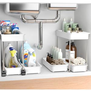 2-Tier Under Sink Organizer with Smooth Rolling Wheels, Pull-Out Bottom Storage Drawer with Easy-Lift Handle, Metal & Plastic Sliding Cabinet Organizer for Kitchen & Bathroom, White, 2 Pack