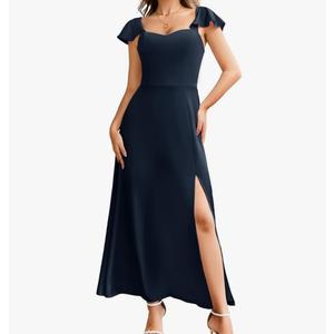 MUADRESS Women Ruffled Sleeve Sweetheart V Neck Maxi Dress Side Slit Wedding Guest Formal Long Dress Size XL