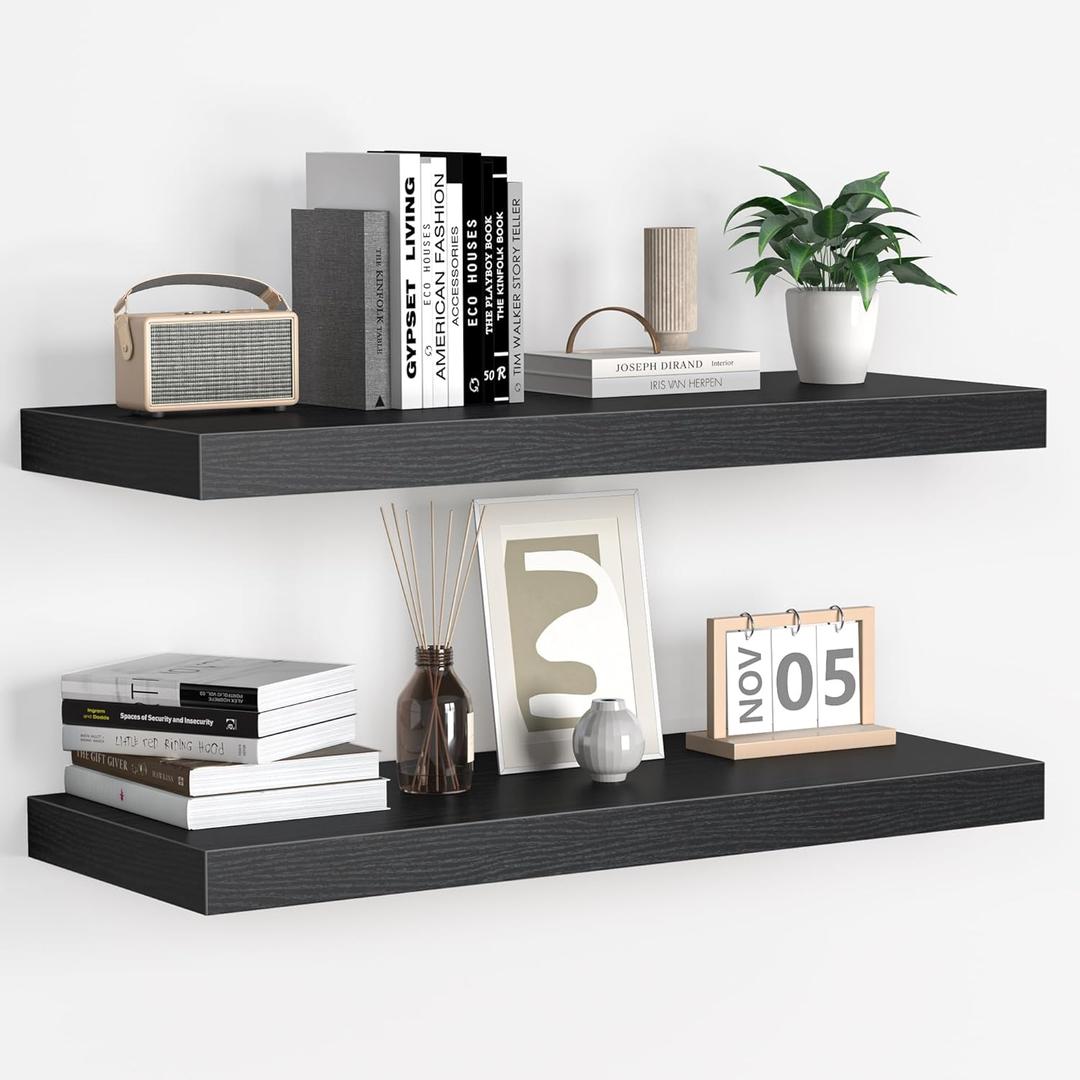 Fun Memories Floating Shelves - 2 Pack 9 Inch Rustic Wooden Wall Shelves - Extra Deeper & Thicker Wall Mounted Storage Shelf for Living Room, Kitchen, Farmhouse - 24" W x 9" D x 1.6" H - Rustic Black