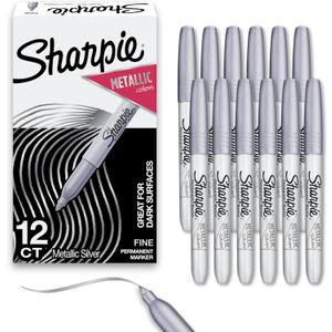 Sharpie Metallic Permanent Markers, Fine Tip, Silver, 12 Count - For Black Paper or Dark Surfaces, Arts & Crafts, Posters, Classroom Supplies